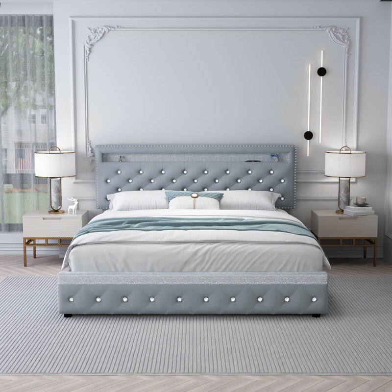 Base de lit rembourrée avec tête de lit et éclairage DEL Kendrall, Gris, Double