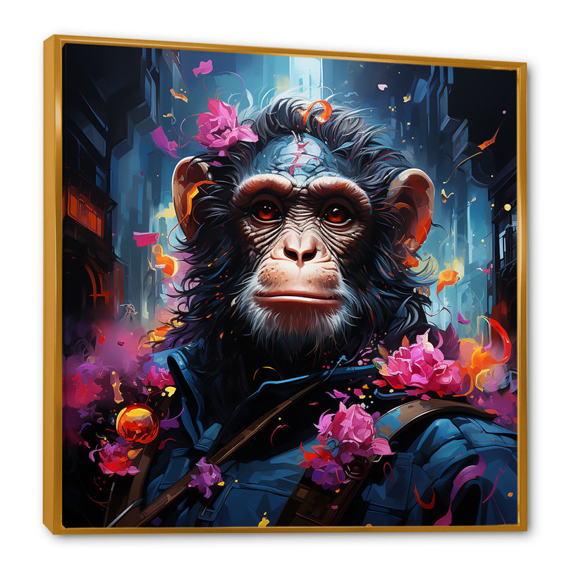 Floral, singe, art mural singe, H 16 po x l 16 po x P 1 po, Cadre flottant doré
