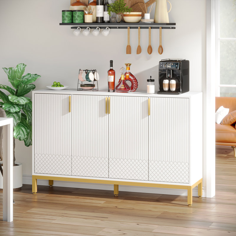 Jennyse 59 Inch White 4-Door Accent Console Buffet Cabinet Sideboard Gold Iron Metal Base Entryway Cupboard Furniture