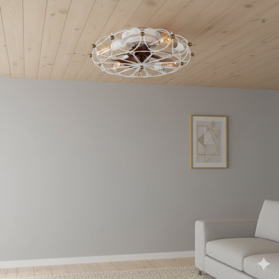 A Low-Profile Ceiling Fan With Integrated Lights, Featuring A Caged Design, Remote Control Operation, And A Modern Industrial Embedded Aesthetic.