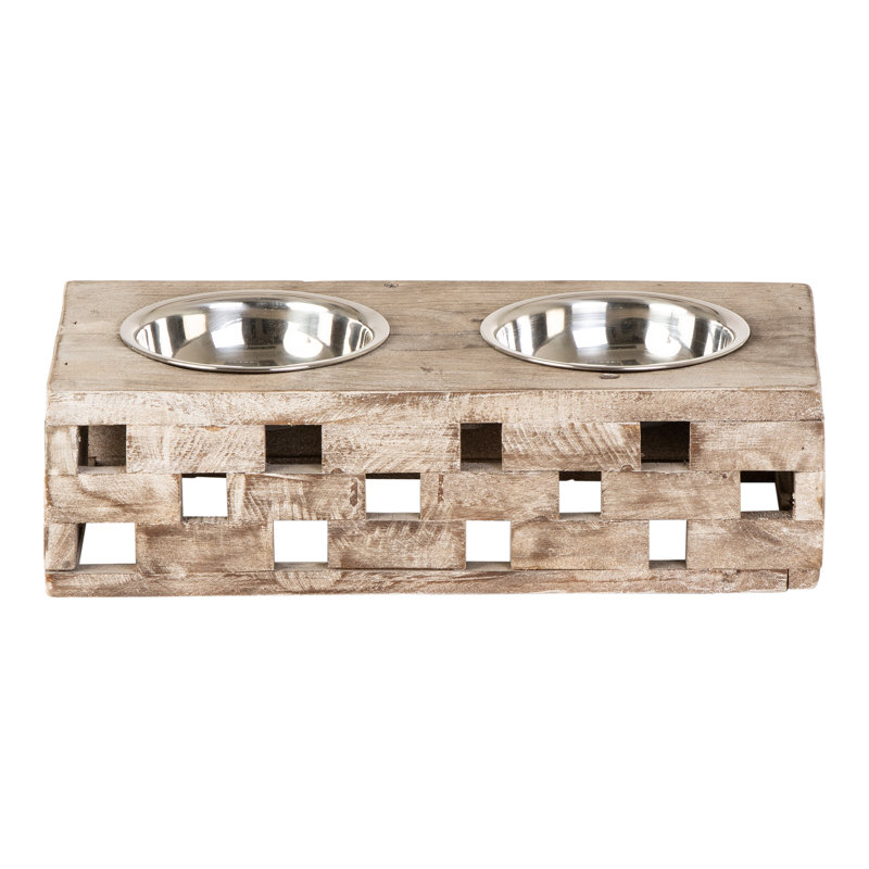Small Natural Reclaimed Wood Elevated Pet Feeder with Stainless Steel Bowls
