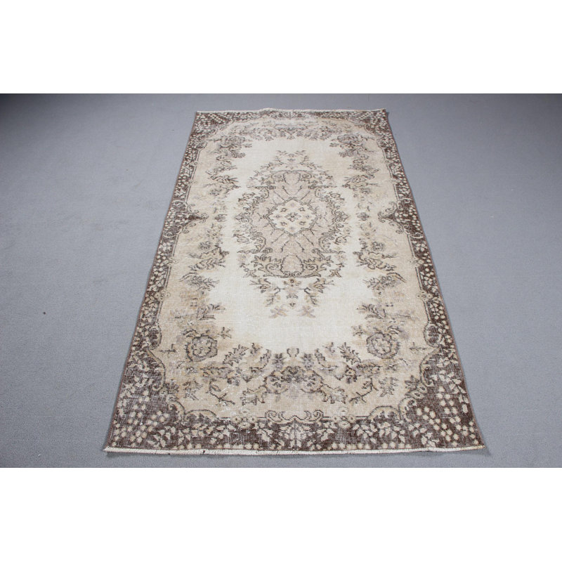 Tapis turc beige Oushak au design rétro idéal pour les salons en laine douce lavable