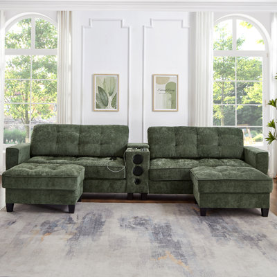 Canapé modulaire moderne en forme de U avec repose-pieds, console, haut-parleurs Bluetooth et lumières DEL pour le confort du salon.
