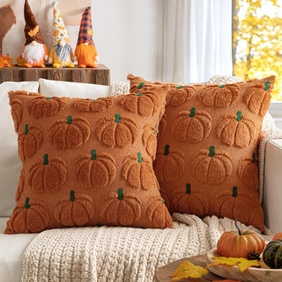 Housses de coussin citrouille d'automne, décoration automnale, tige orange et verte, 45 x 45 cm, motif de récolte d'automne, décorations d'automne pour la maison, lot de 2, en fausse fourrure douce et pelucheuse, style ferme, Halloween, porche, carrosse, chambre