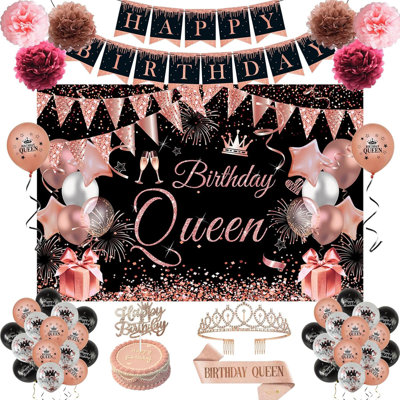 Rose Gold Birthday Party Decor Kit, Complete Photo‑Shoot Party Set with Tiara, Sash and Backdrop