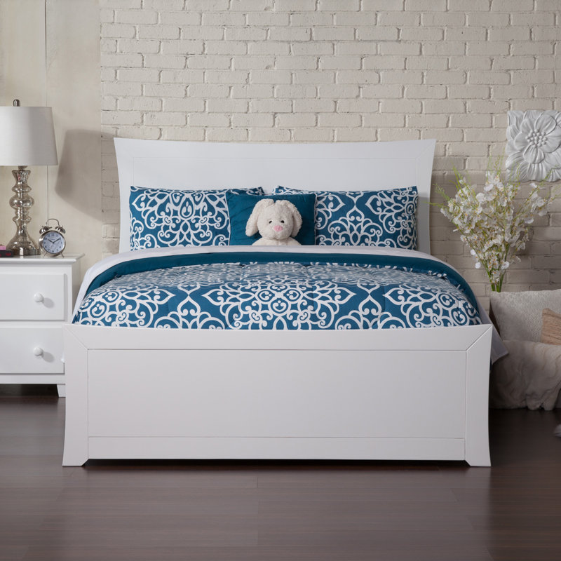 Fleenor Solid Wood Foundation Bed with Matching Footboard and Built-in Charging Station, White, Full