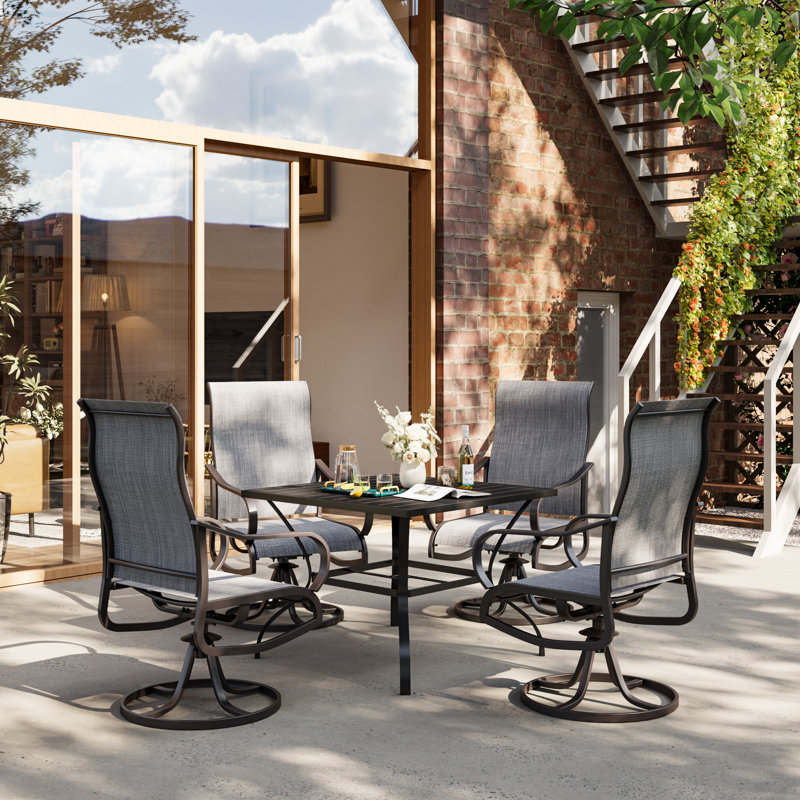 4-Person Patio Dining Set With Umbrella Hole, 360° Swivel Armchairs With Textilene Fabric & Powder-Coated Steel Frame, Outdoor Dining Table & Chairs for Patio, Backyard, Deck & Poolside   