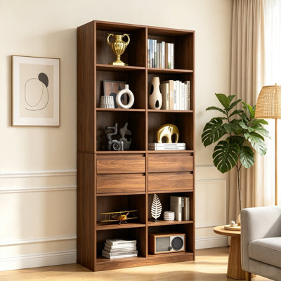 Open Cubby Bookcase with 4 Storage Drawers, Tall Freestanding Display Shelving Unit – Modern Storage Cabinet for Living Room, Bedroom & Office