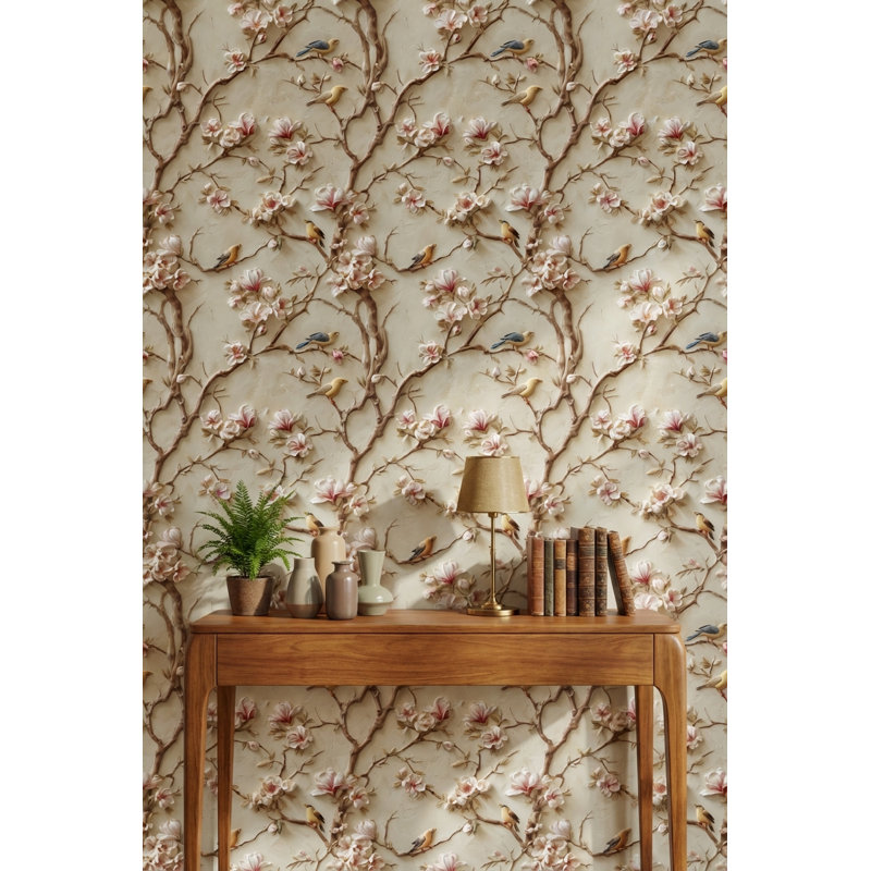 Papier peint floral, oiseaux, branches amovibles, double rouleau mural