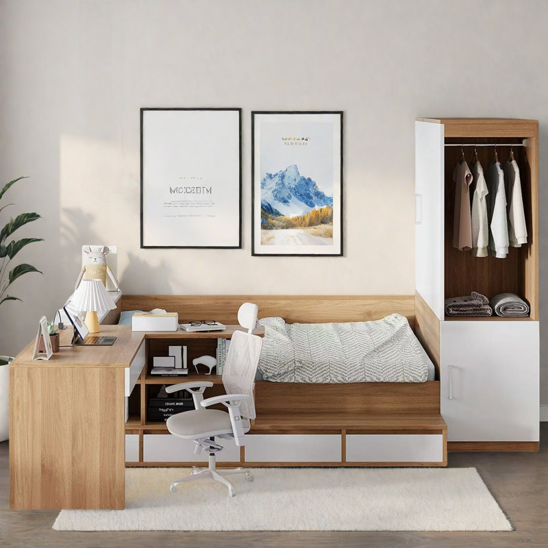 Lit plateforme en bois avec 6 tiroirs, tablettes, bureau et garde-robe, Naturel