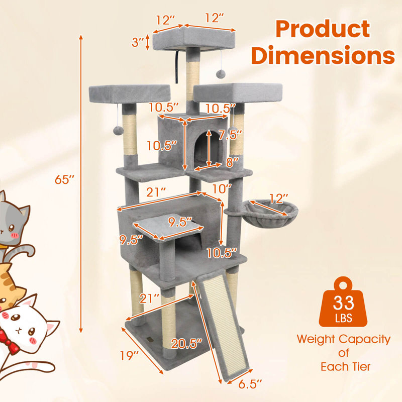 Arbre à chat 65 po de hauteur multi-niveaux avec 3 perchoirs et 2 condos pour chat gris clair, Gris clair