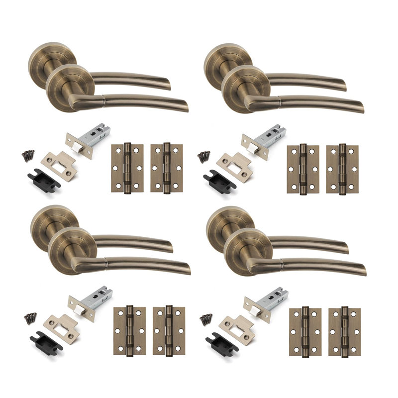  4 Set Indiana Design Door Handles in Antique Brass Finish with Tubular Latch and 1 Pair of 3" Ball Bearing Hinges