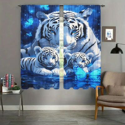 2Pcs White Tiger Family with Blue Butterflies Curtains, Artistic Fantasy Animal Print Modern Light Filtering Curtain For Living Room bedroom Kitchen Rod Pocket Window Drapes, decor, home, wall,, dec