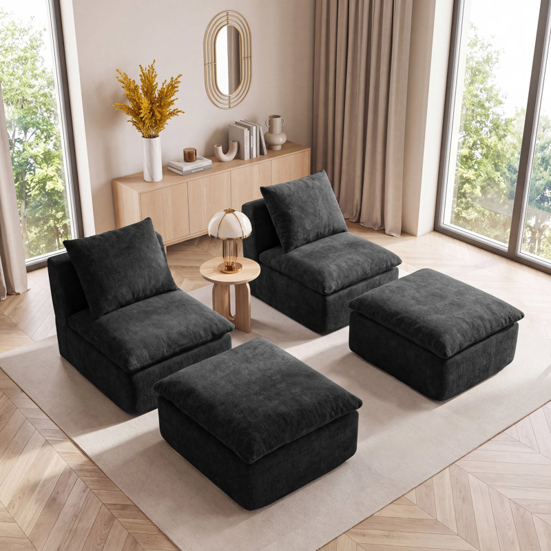Ensemble fauteuil et repose-pieds compressés, fauteuil moderne à assise profonde avec ressorts ensachés et coussin assorti, gris foncé
