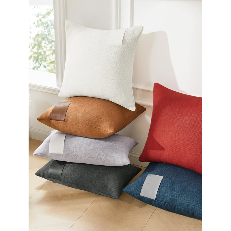 Decorative Solid Pillow Covers with Leather Label (Set of 2), 24"H x 24"W, Red