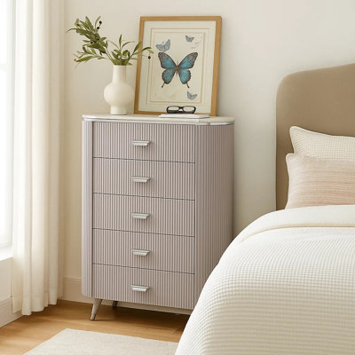 Commode haute 5 tiroirs avec plateau Gema, gris clair