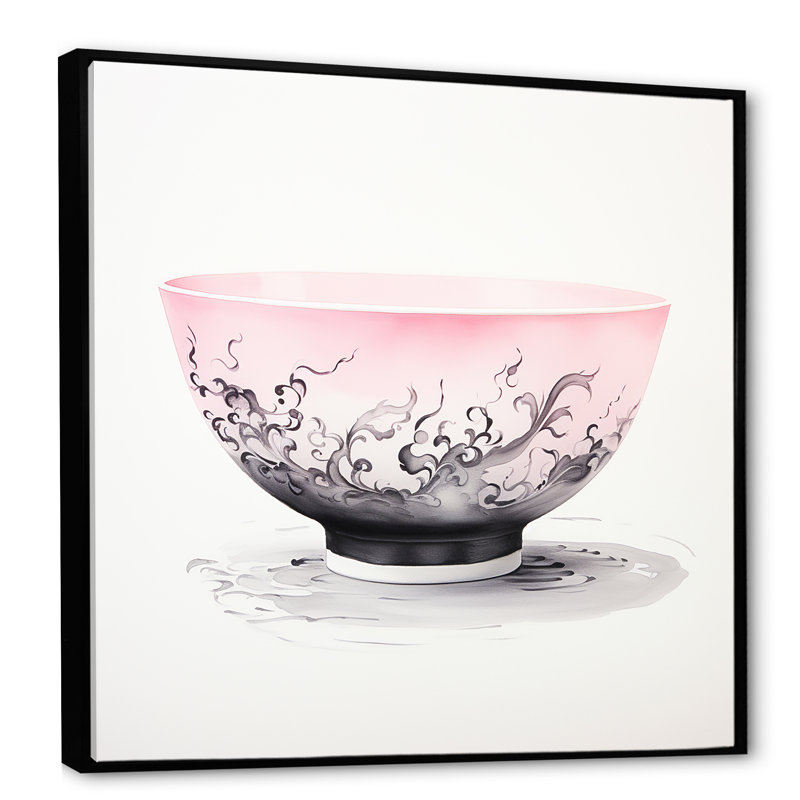 «Pink Chinese Teacup Delight III», art mural Chine, Cadre flottant noir, H 36 po x l 36 po x P 1,5 po