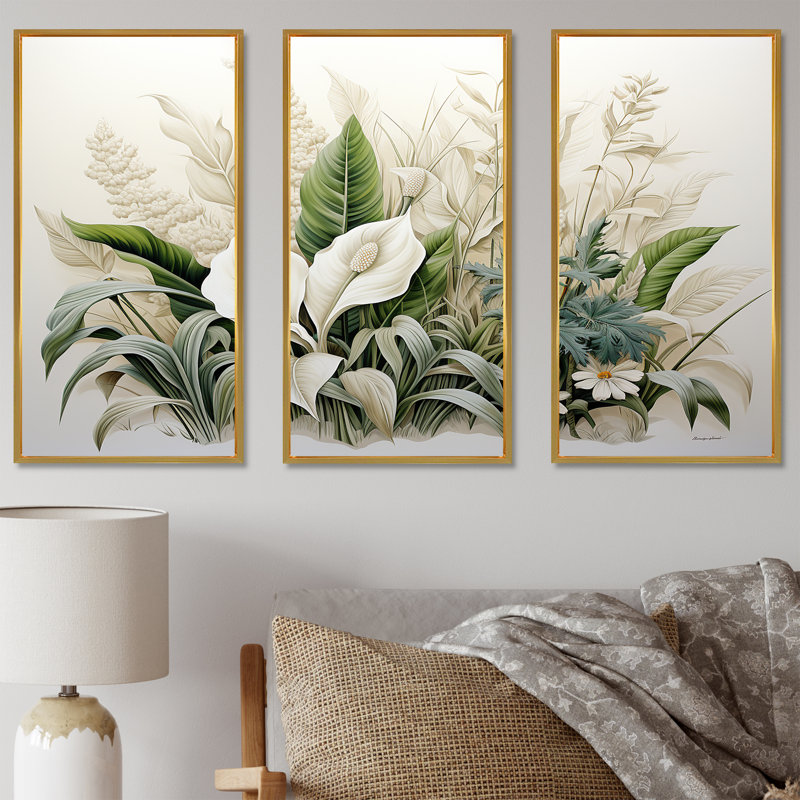 «White Contemporary Botany Wonders - Plants», ensemble d'art mural sur toile, Cadre flottant doré, H 28 po x l 36 po x P 1 po