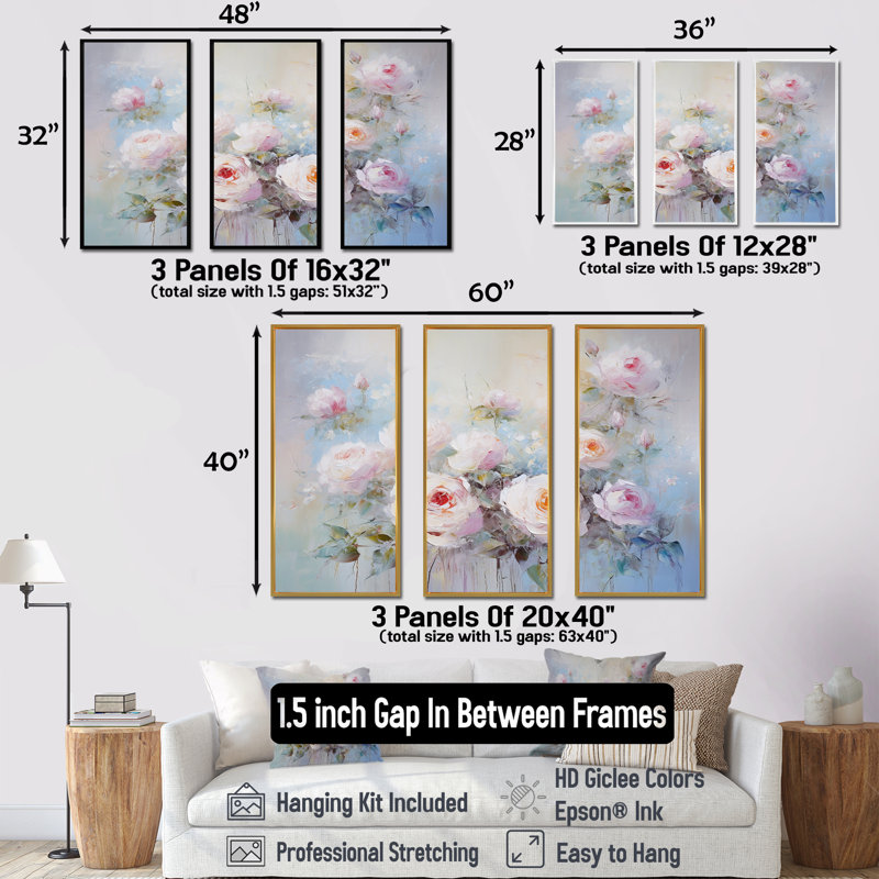 «Pink Roses Farmhouse Charm I - Roses», ensemble de reproduction d'art mural, Cadre flottant blanc