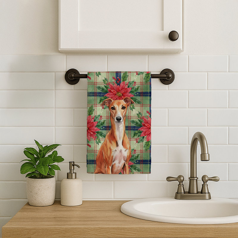 Red Whippet Christmas PoinsettIas Kitchen Towel, Red Whippet
