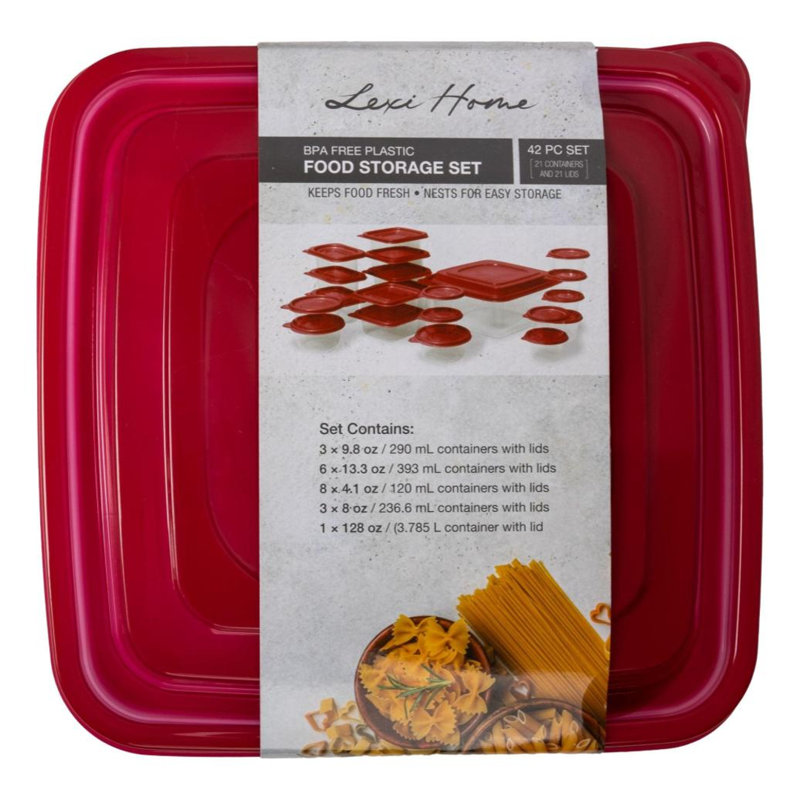 Ensemble de 21 contenants en plastique pour aliments, Rouge