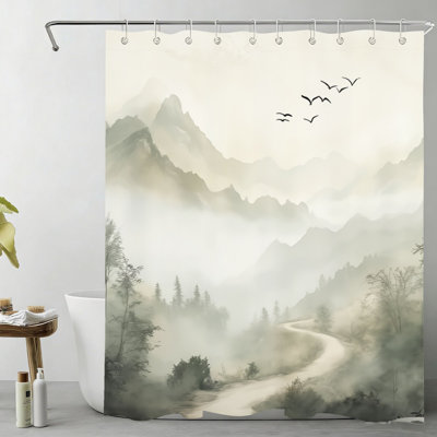 Ink Mountain Bird 72x72 in Shower Curtain Master Bathroom Off White