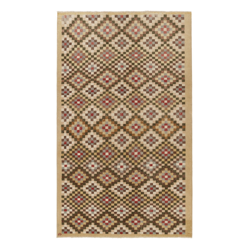 Vintage Turkish Rug, Beige And Brown With Diamond Geometric Pattern – Rug & Kilim