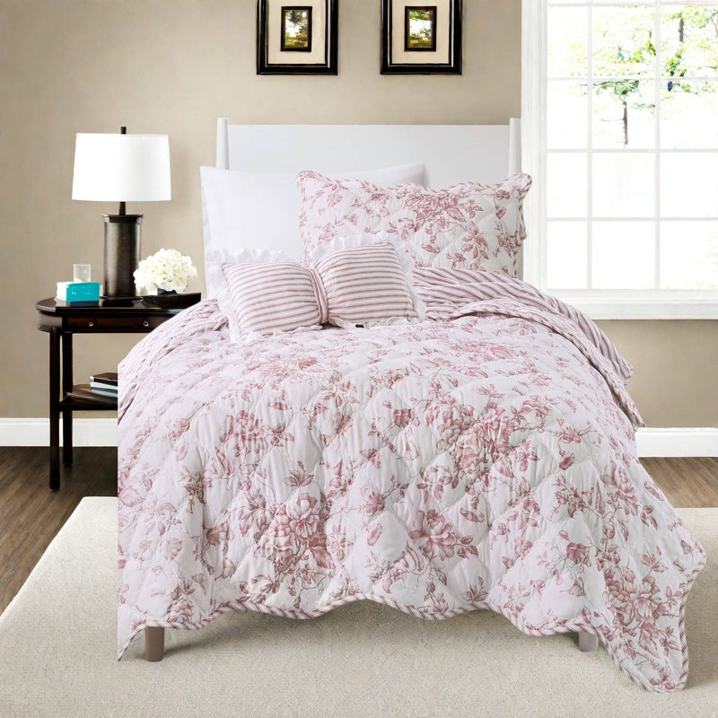 Ensemble de courtepointe rose en polyester 3 pièces pour chambre douillette