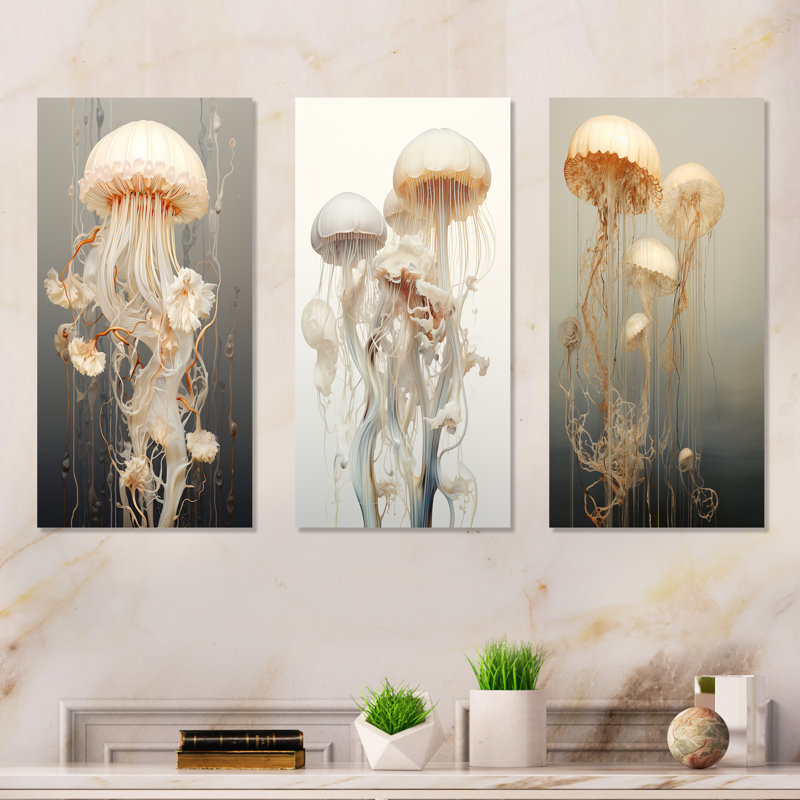 Minimalisme Jellyfish Wonders - ensemble de 3 décorations murales en métal méduse, H 28 po x l 36 po