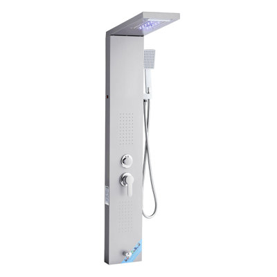 Shower Panel Tower System with Rainfall Waterfall Shower Head, LED, 53 in Brushed Stainless Steel Shower Column, 5-Function Faucet, Wall-Mount Rain Massage System, with Handheld, Tub Spout