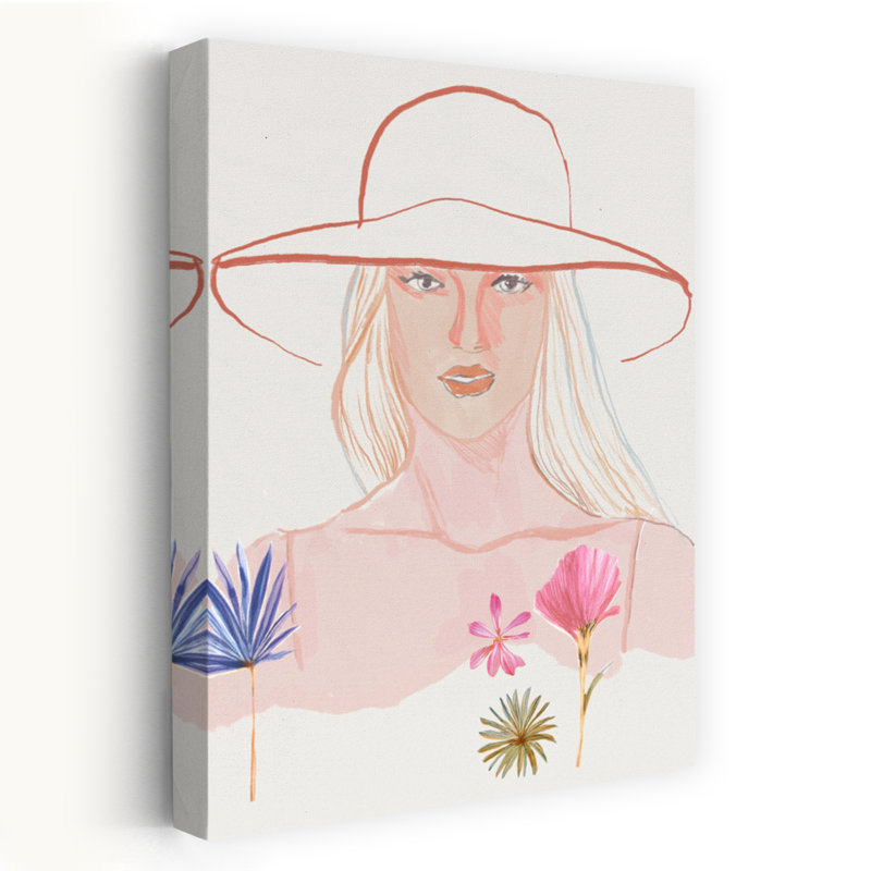 «Serene Woman Summer Hat Delicate Dreamy Elegant Flower Portrait», reproduction d'art murale, 18" H x 12" W