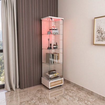 Vitrine mince à DEL avec tiroir et roulettes, éclairage à distance 13 couleurs, tablettes en verre trempé