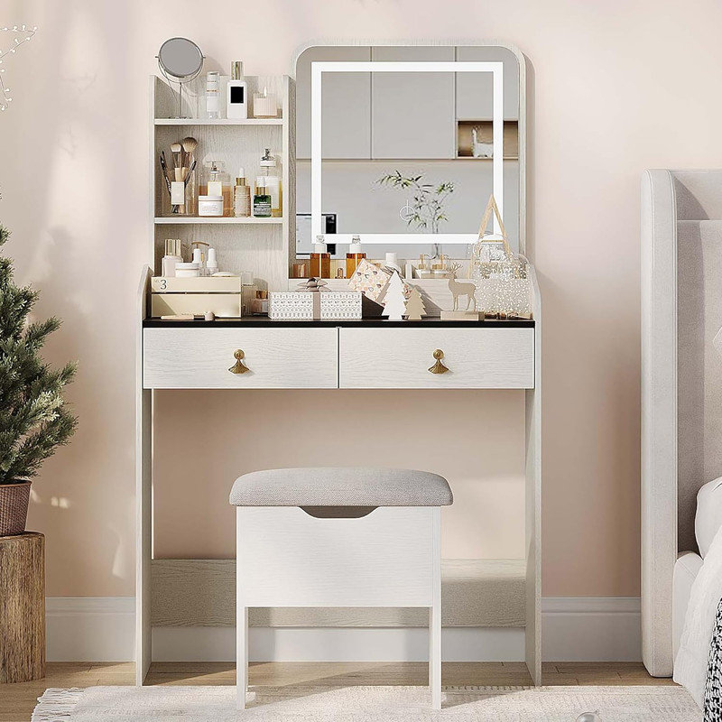 Makeup Vanity with LED Mirror & Charging Station, 2 Drawers & Storage Stool for Bedroom, White