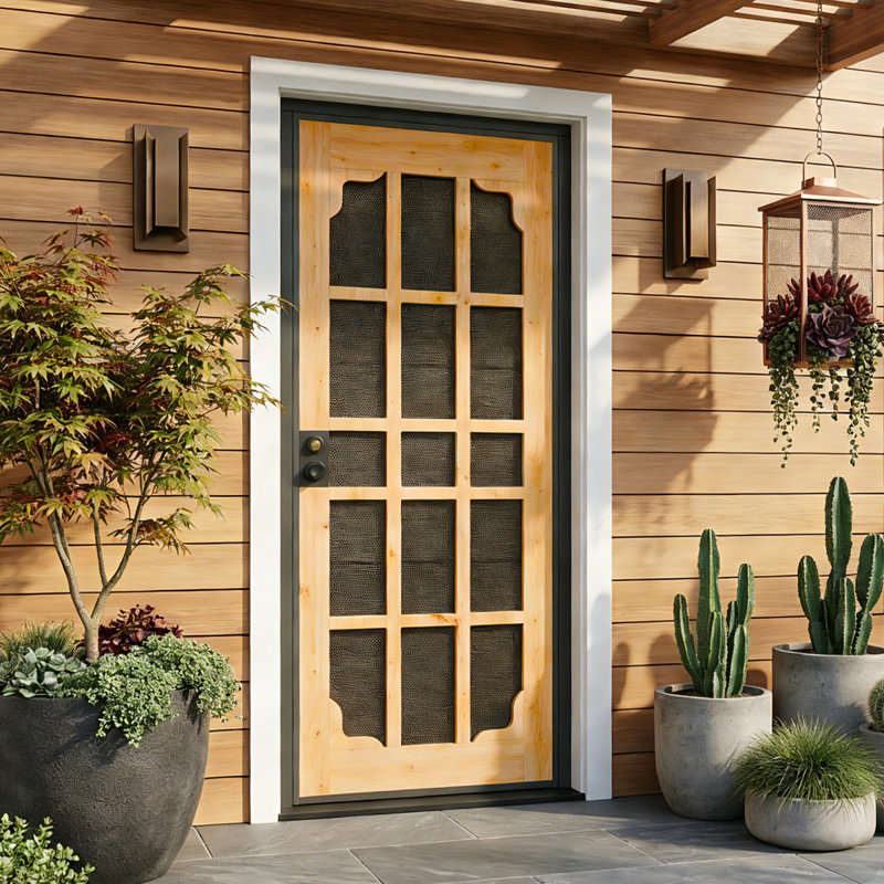 Porte d'entrée de sécurité - Panneau à texture de bois naturel avec treillis en acier bronze, conception à 15 grilles, verrouillable à deux trous