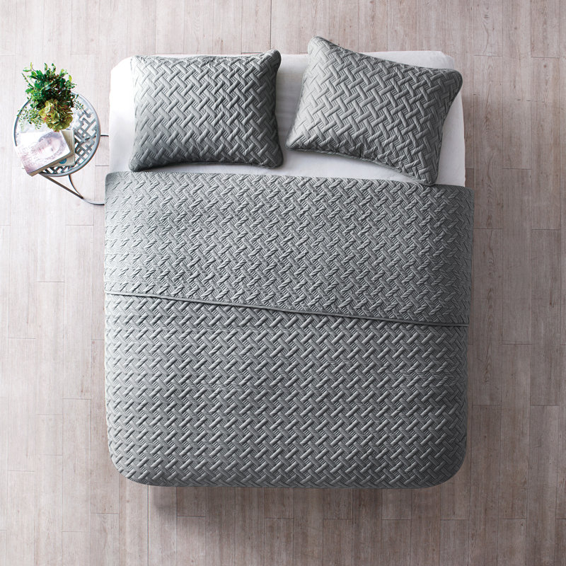 Ensemble de courtepointe à tissage de panier Nina, Couvre-lit double / grand + 2 taies décoratives, Gris