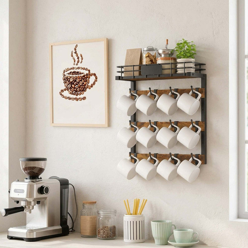 Porte-tasses à café mural avec porte-gobelet en métal noir et 12 crochets mobiles