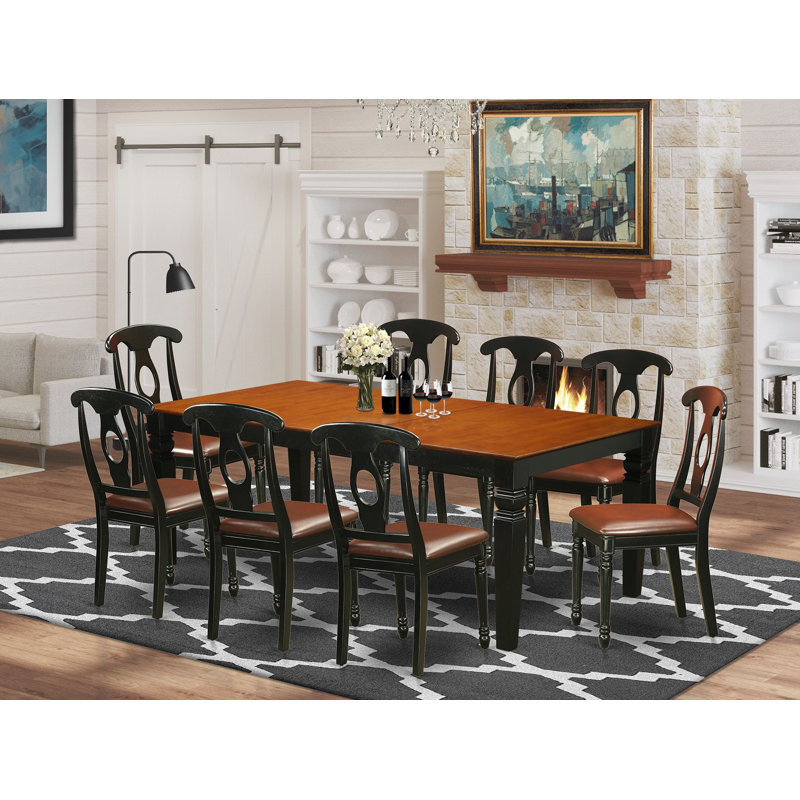 9 Piece Dining Set Includes a Rectangle Dining Room Table with Butterfly Leaf and 8 Faux Leather Kitchen Chairs, Black & Cherry