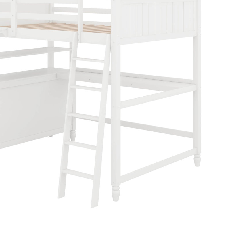 Lit mezzanine double avec bureau et tiroirs, lit mezzanine en bois avec tablettes, Blanc