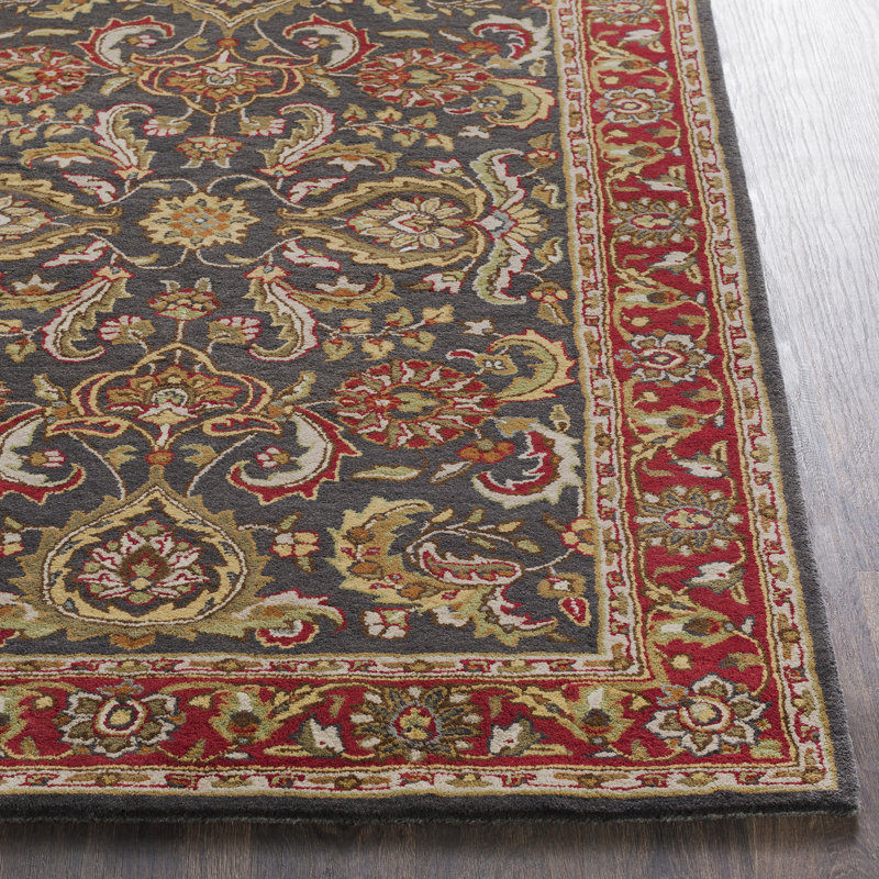 Tapis oriental en laine touffeté à la main rouge vif / gris anthracite Dvorak, Tapis de couloir 2 pi 3 po x 14 pi