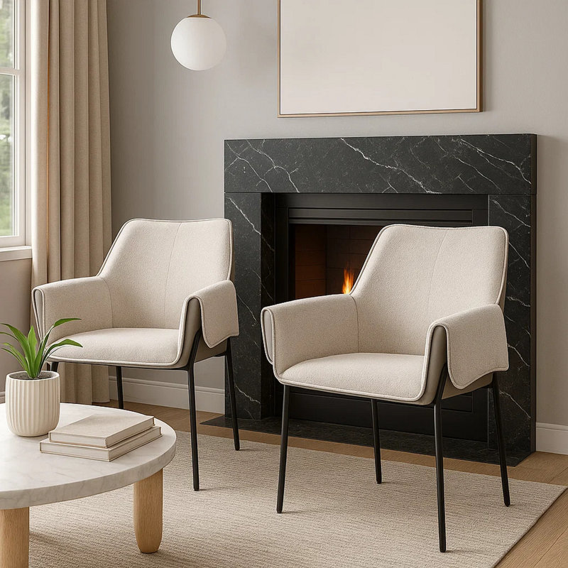 Ensemble de 2 fauteuils Jory, chenille beige, pieds en métal noir