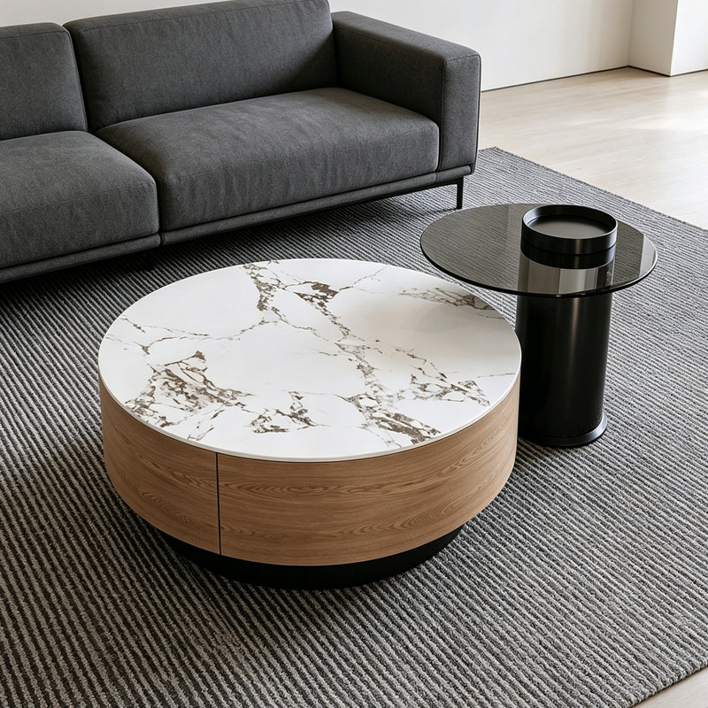 Ensemble de petites tables basses pour petit salon, 12.99" H x 31.49" W x 31.49" D, Dark Grey/Black Top/Brown/Black Base