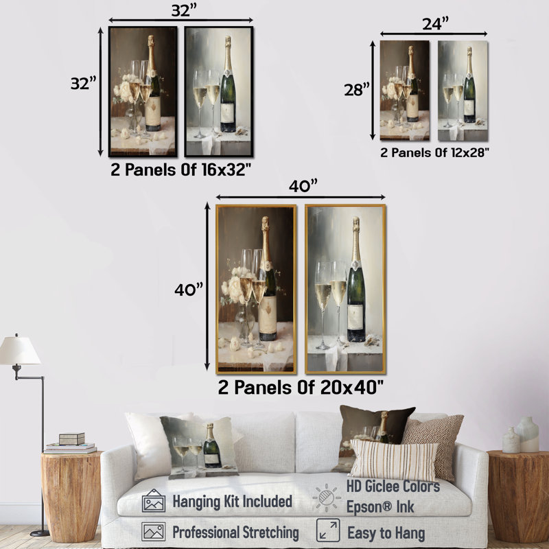 Legacys Lure Champagne and Glass - Champagne, ensemble de 2 reproductions d'art mural, Cadre flottant doré, H 28 po x l 25 po