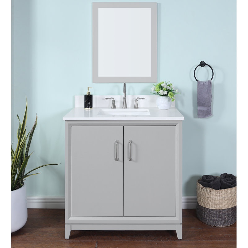 Luton 36" Single Bathroom Vanity Cabient With White Quartz Top, Sink & Backsplash. Modern Gray. Pre-Assembleb