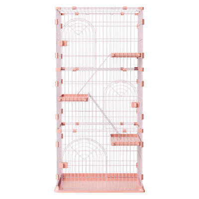 Cat Cage 4-Tier 33.07"x23.82"x64.37" DIY Cat Playpen with Ladders, Indoor Enclosure Detachable Metal Wire Kennel Crate, Large Exercise Place for 1-2 Cats, Kittens, Ferrets, Small Animals, Pink