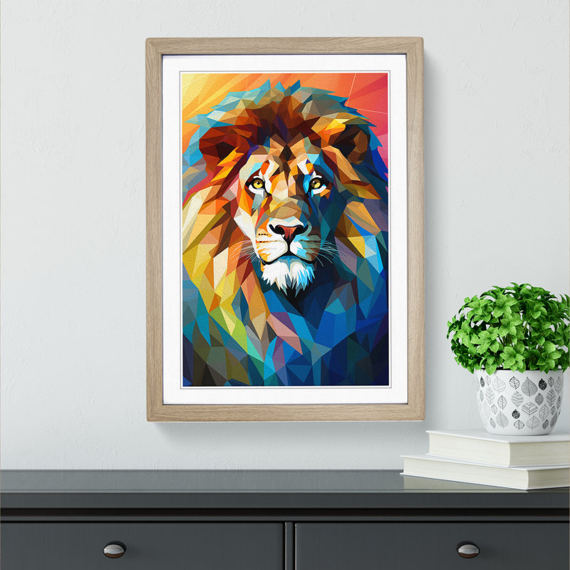 XYZ-FRM-V1223-4258 Lion Cubism No.2 - Single Picture Frame Print on Wood, 34cm H x 25cm W x 2cm D, Oak