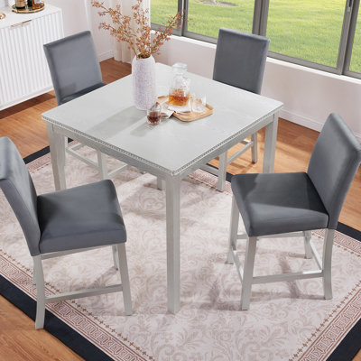 5 Piece Counter Height Table Set, Wooden Kitchen Table Set With Square Table And 4 Upholstered Chairs, Counter Height Dining Table With Crystal Decora