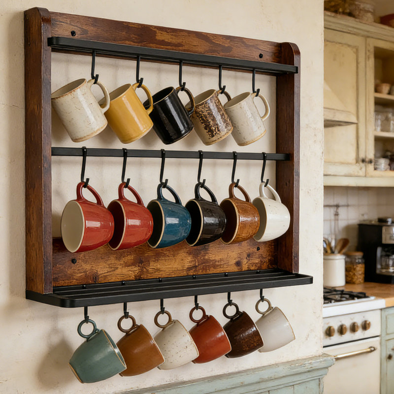Porte-tasses à café à 3 niveaux avec tablette de rangement supérieure, organisateur de tasses en bois et en métal