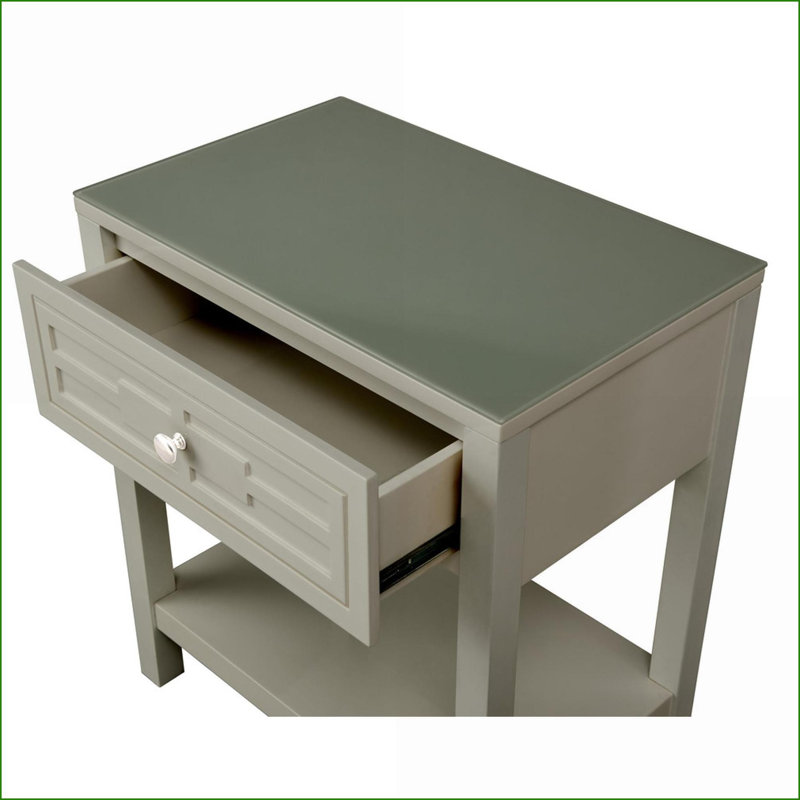 Table de chevet en bois taupe 23 po avec plateau en verre et tiroir Dylan, Beige
