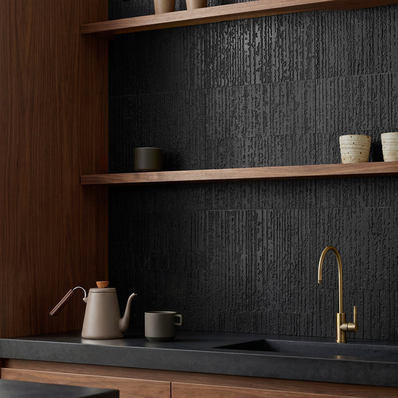 Stretto 16x16 Textured Honed Marble Wall Tile, Black Jade
