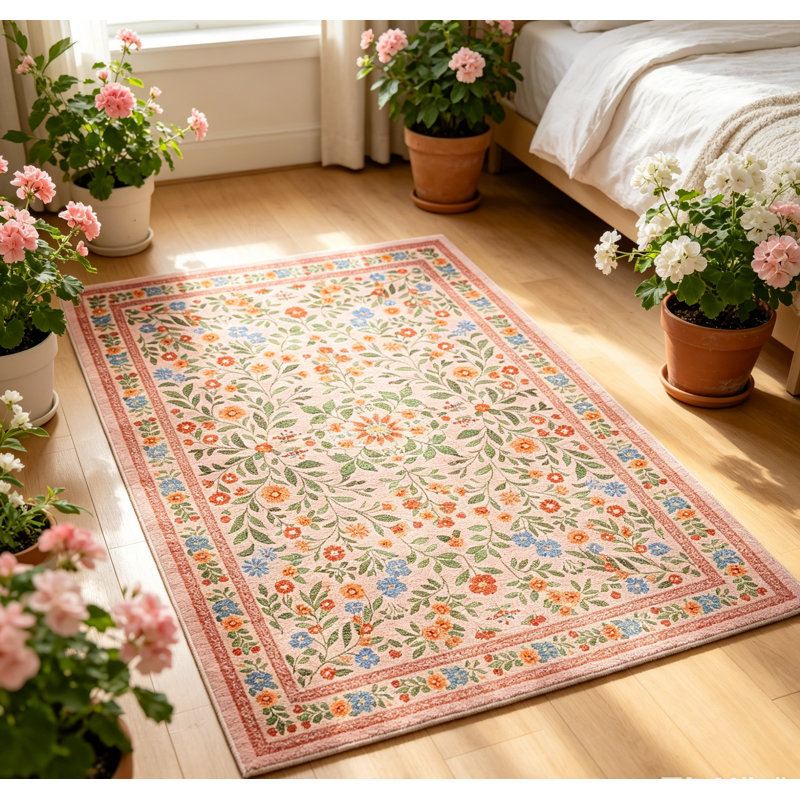 Boho Floral Area Rug – Washable Ultra Thin Non-Slip Carpet for Living Room, Girls Room, Nursery, Playroom – Green, 2x6ft (61x183cm)